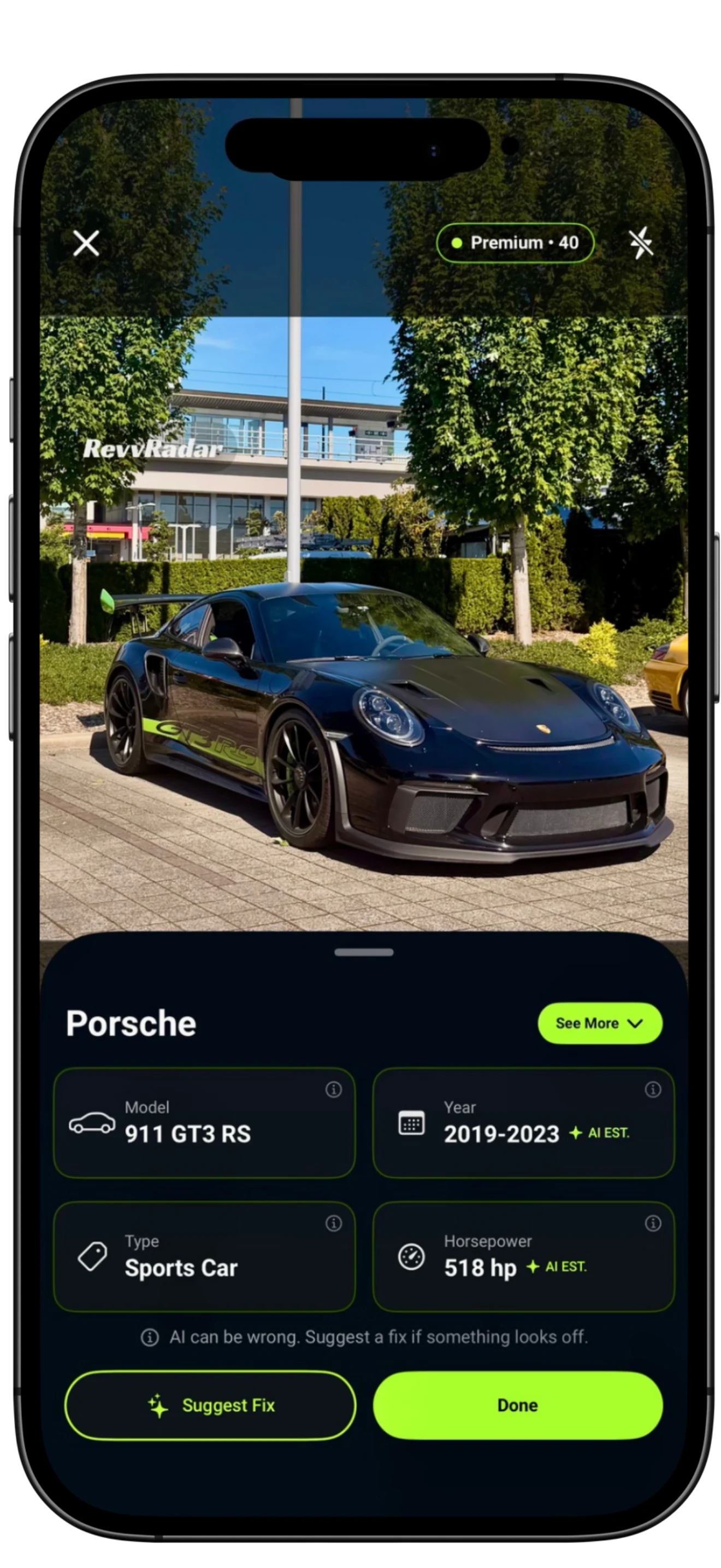 RevvRadar identifying a Porsche 911 GT3 RS and showing its model, year, type, and horsepower results