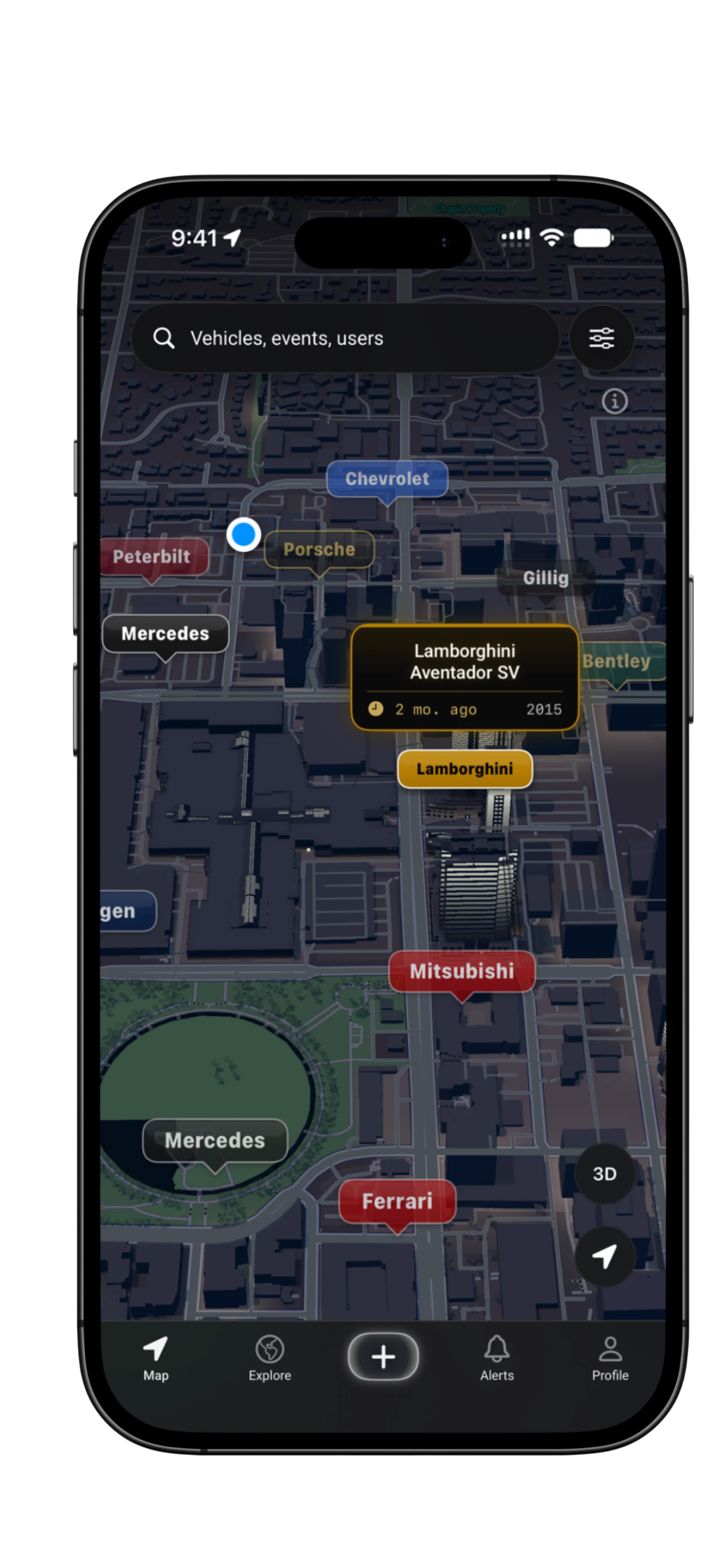 RevvRadar map showing nearby vehicle activity around a Redmond car event