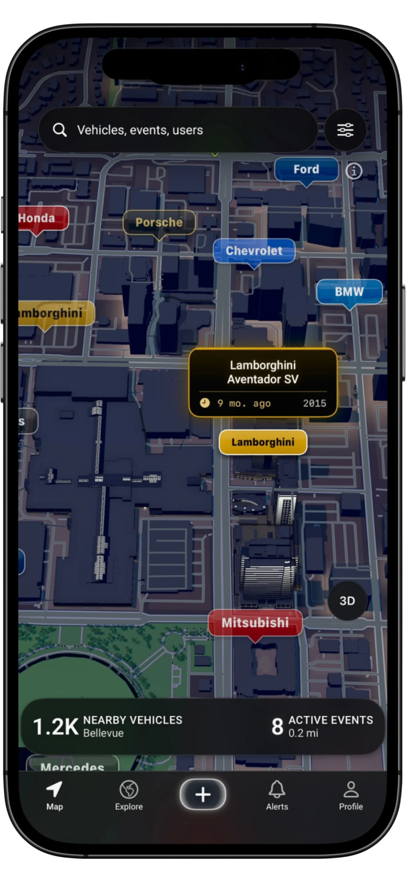 RevvRadar map showing nearby vehicles and events