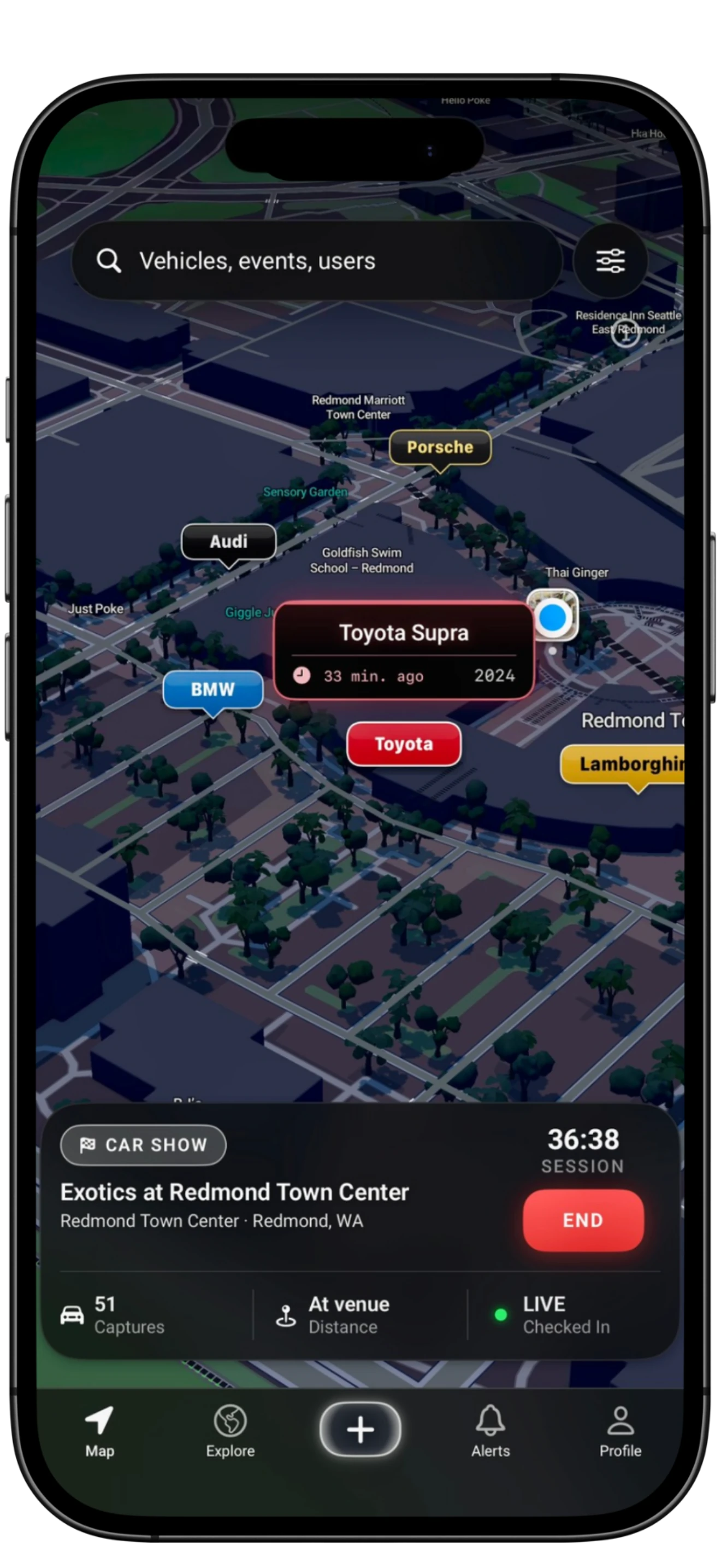 RevvRadar event session showing vehicles and activity at a local car show