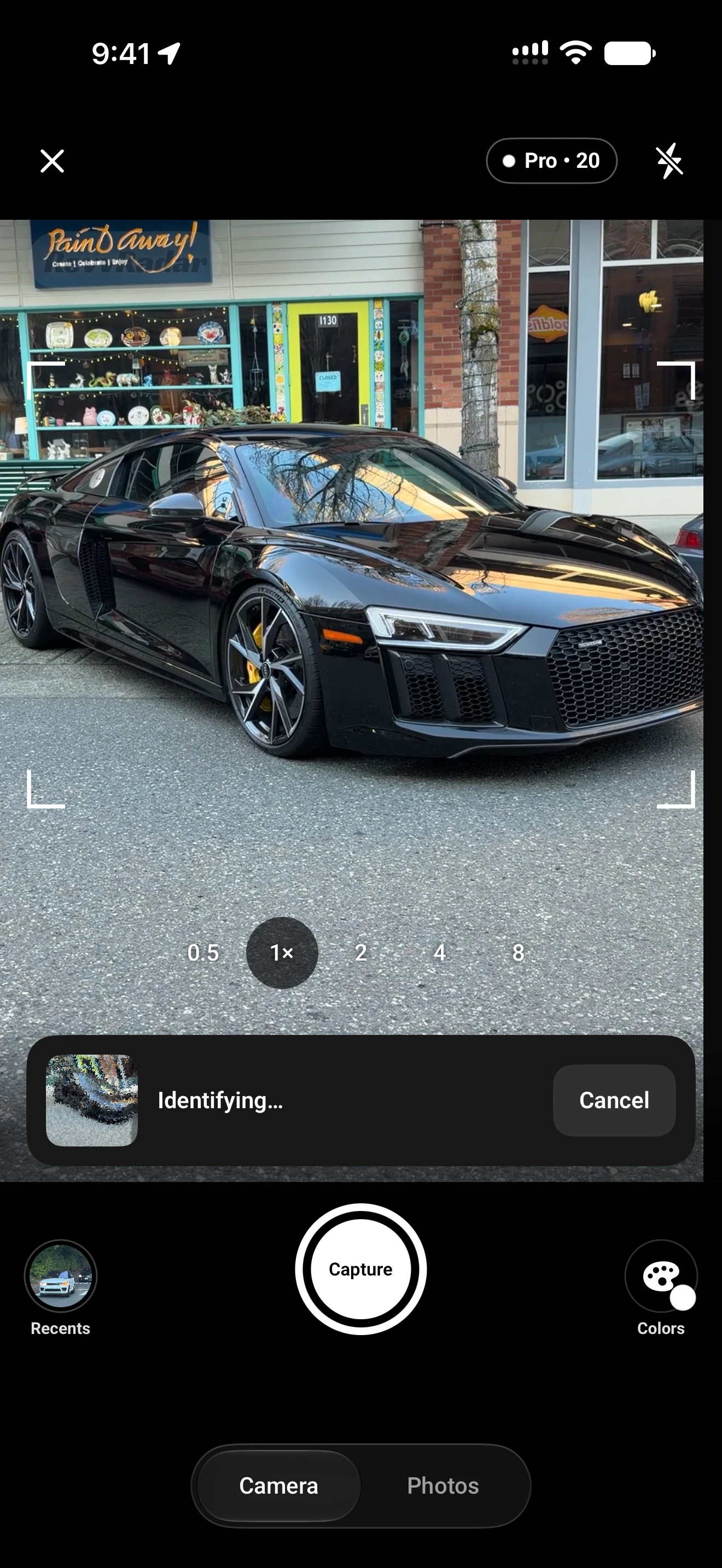 RevvRadar camera identifying a black Audi R8, with the current Identifying status and Cancel button