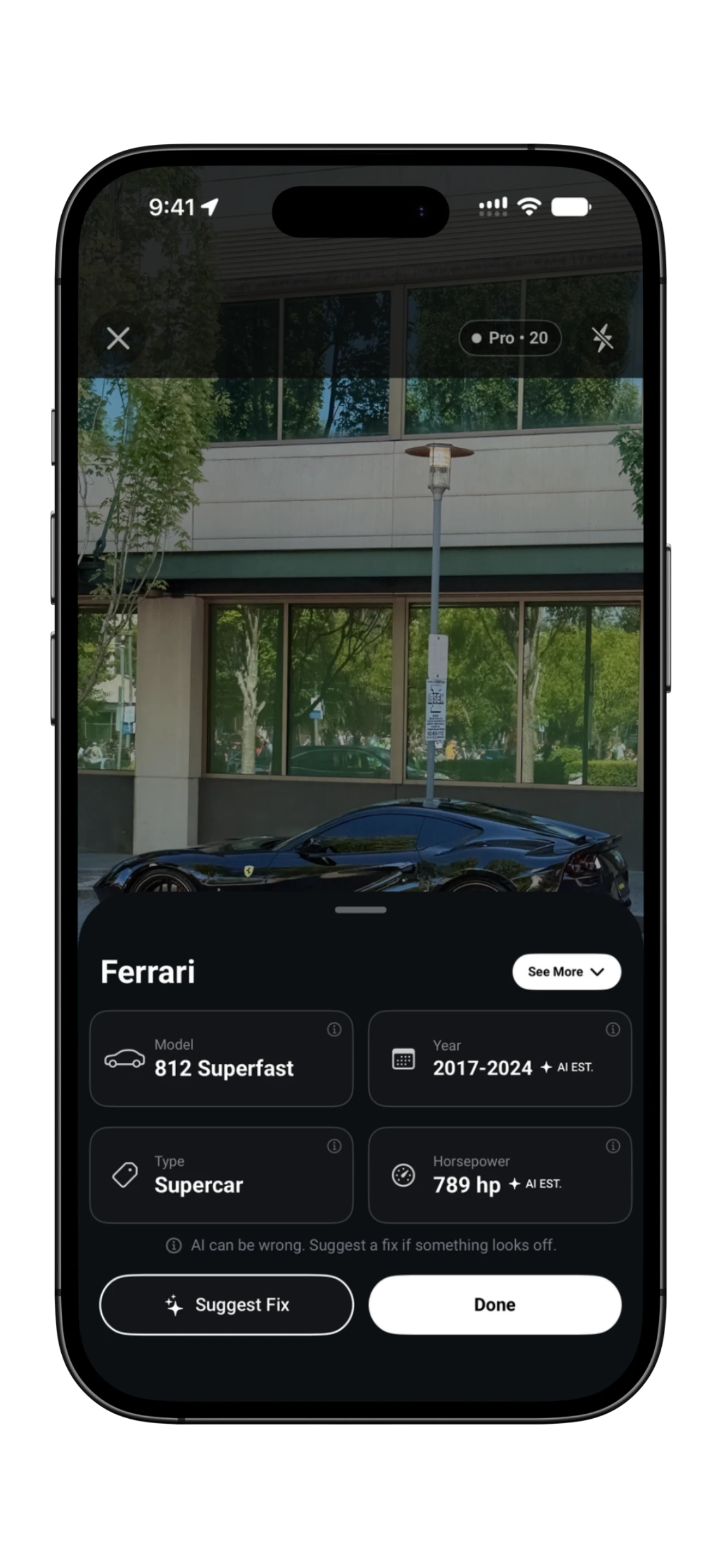 iPhone mockup showing RevvRadar’s suggested Ferrari 812 Superfast identification, with estimated year range and specifications